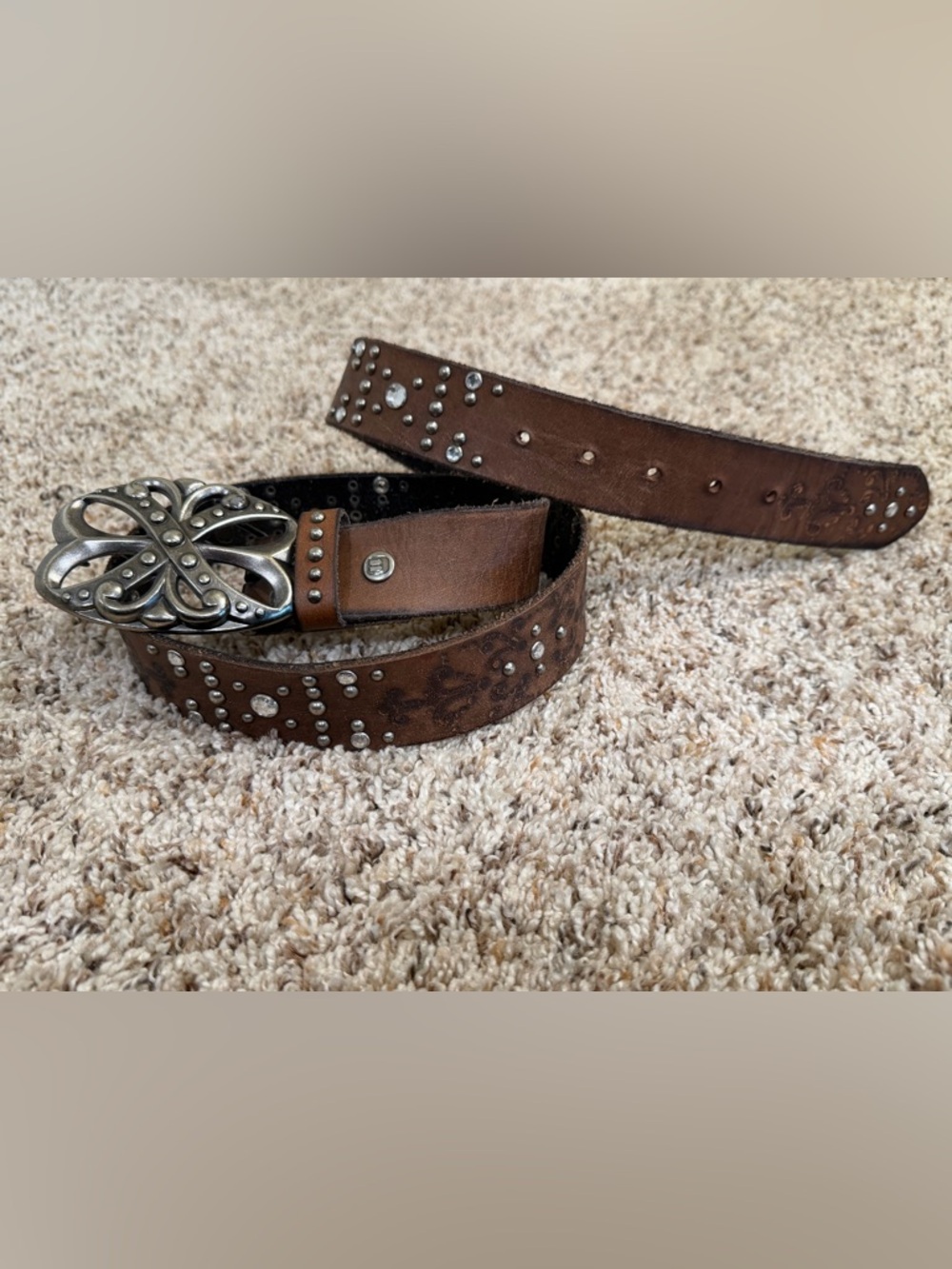 Studded Brown Leather Belt with Decorative Buckle